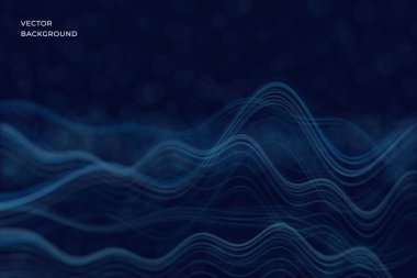 Akan parçacık yüzeyleri ve pürüzsüz dinamik çizgileri olan soyut teknoloji dalga arka planı. Vektör. Derinliği, hareketi ve ışıldayan noktaları olan gelecekçi dijital kompozisyon. Sunumlar, web siteleri, afişler, yapay zeka, fintech, büyük veriler ve şirket verileri için