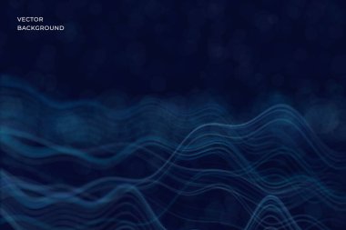 Parçacıklardan ve parlayan noktalardan oluşan katmanlı dalga yüzeyleri içeren fütüristik teknoloji arka planı. Vektör. Hareket, derinlik ve enerji duygusu olan dijital akış konsepti. Teknoloji, yenilik, veri görselleştirme, başlangıç ve modern için uygundur