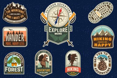 Hiking and exploration stickers set with compass, retro vintage outdoor adventure decals for camping and travel design. Vector.