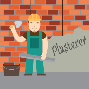 Construction worker holding a rule in his hand on the wall background. vector