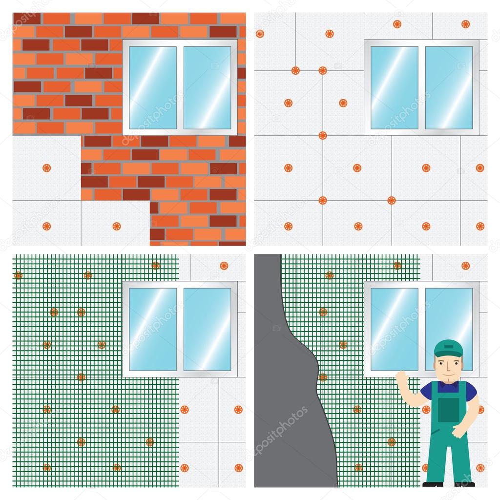 How to Insulate a Wall. Set. Vector.