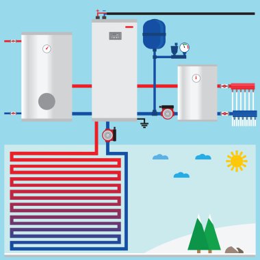 Air source heat pump in the cottage. Vector.
