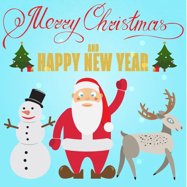 Disegno poster di Natale con Babbo Natale, cervo, pupazzo di neve, Natale — Vettoriale Stock