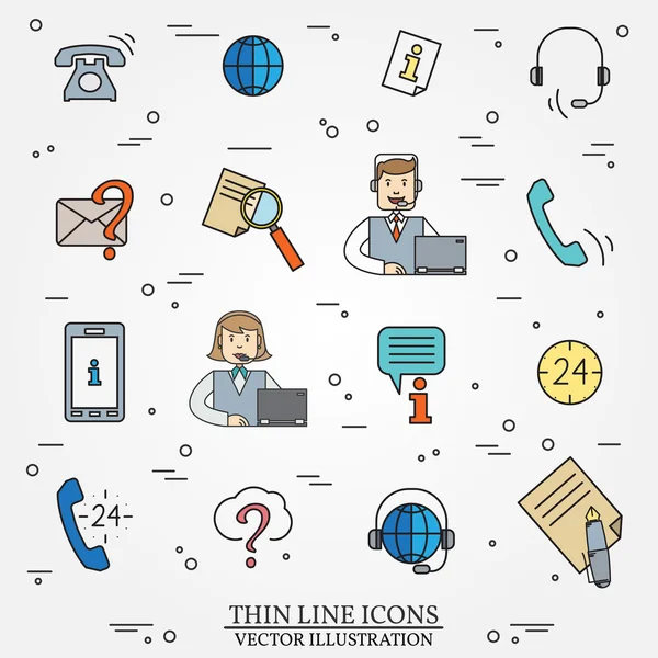 Call center domanda risposta servizio contorno linea sottile icone impostate — Vettoriale Stock