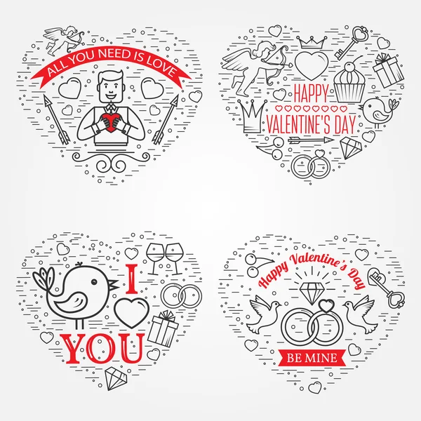 幸せなバレンタインデーのグリーティング カード、ラベル、バッジ、シンボル、私 — ストックベクタ