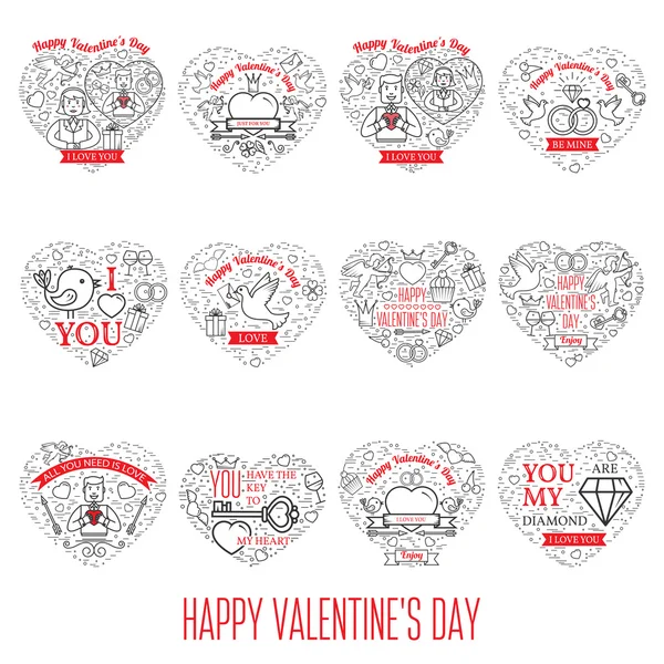 Happy Valentine's Day greetings card, labels, badges, symbols, i — Stock Vector