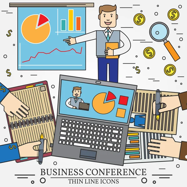 Business man giving a presentation or press conference. Team wor — Stock Vector