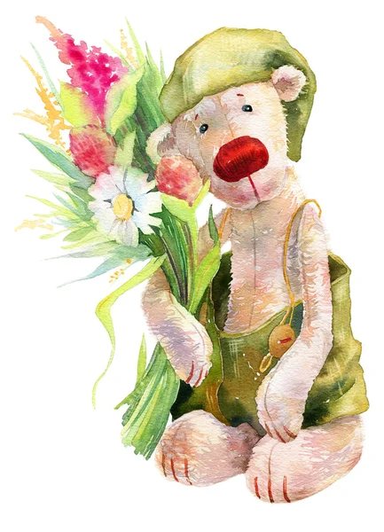 Niedlicher Aquarell-Teddybär mit Blumen. — Stockfoto