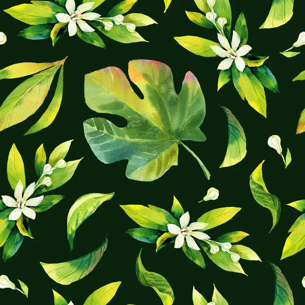 Seamless watercolour citrus and figs leaves pattern. Green leaves on dark background. Seamless greenery watercolour illustration for wrapping paper, fabric, textile, wallpaper. Hand painted pattern.