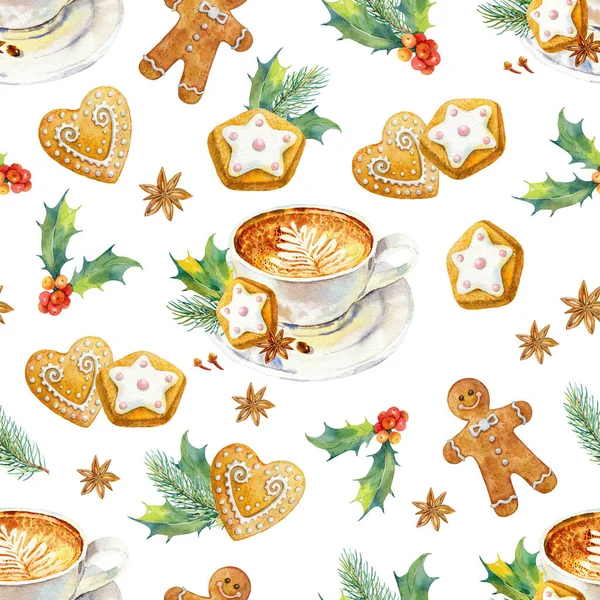 Weihnachten nahtlose Aquarell-Muster. Leckere Weihnachtsgetränke und Süßigkeiten. — Stockfoto