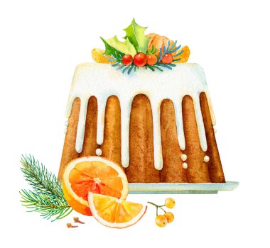 Geleneksel Noel pastasının suluboya çizimi. Noel pastanesi