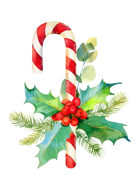Canne à bonbons de Noël avec baie de houx, eucalyptus et branche de sapin. Aquarelle illustration dessinée à la main — Photo