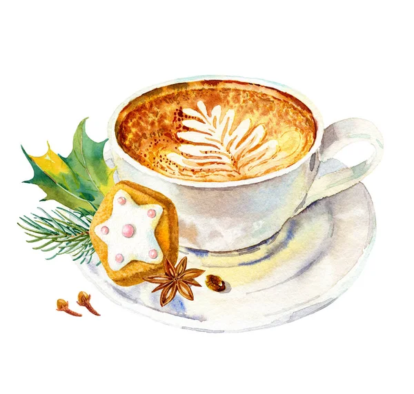 Cup of coffee with milk, cookies, anise, cinnamon and fir tree branch. Watercolor hand-drawn object isolated on white background.