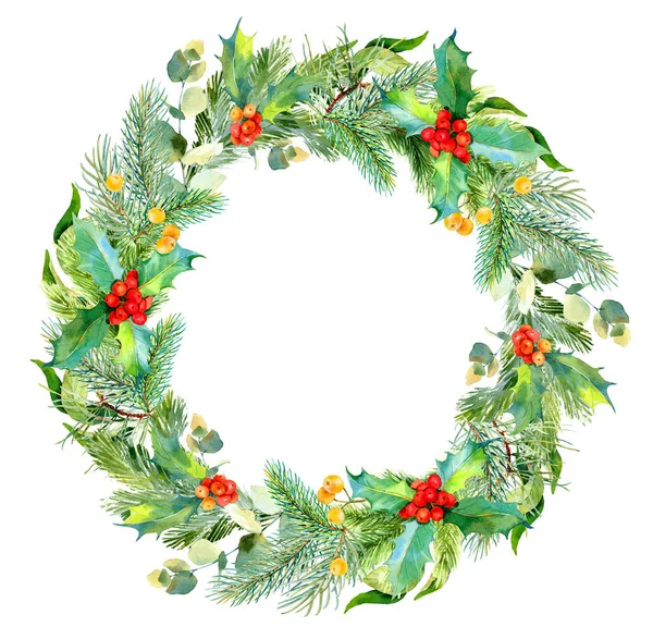 Watercolor christmas frame. Watercolor Christmas wreath with fir branches and place for text. — Stock Photo, Image