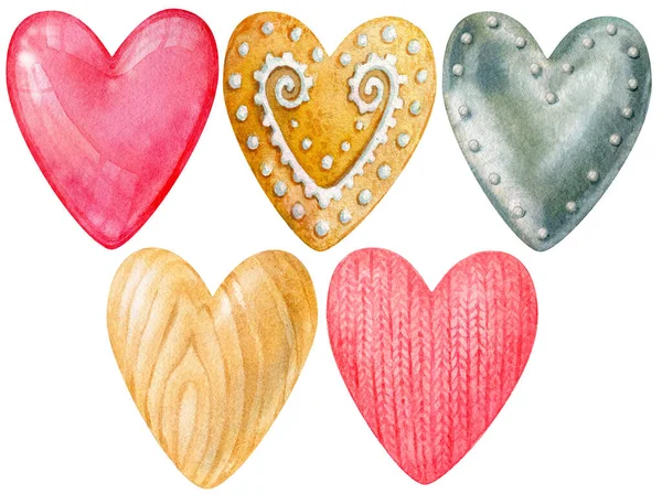 Conjunto de corazones. texturas de vidrio metálico de madera y galletas de tela de punto — Foto de Stock