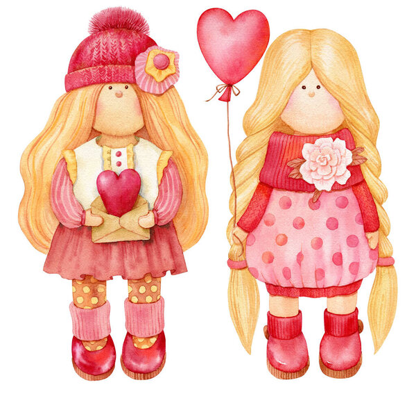 Cute tilda doll. Hand drawn watercolor illustration. Valentines love theme.