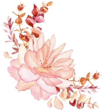 Boho düğünü çiçek buketi - suluboya modern clipart okaliptüs yaprakları ve çiçekler