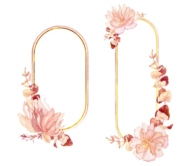 Boda Boho Clipart marco floral - acuarela clipart moderno hojas de eucalipto y flores de rosa mosqueta — Foto de Stock