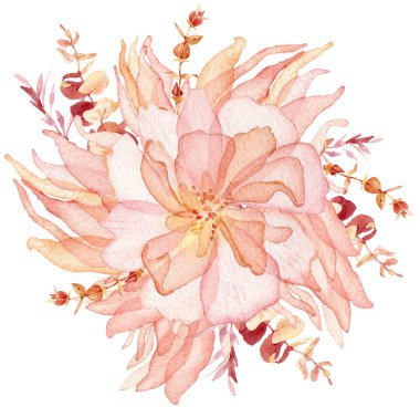 Boho düğünü çiçek buketi - suluboya modern clipart okaliptüs yaprakları ve çiçekler