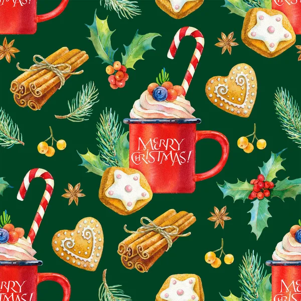 Weihnachten nahtlose Aquarell-Muster. Leckere Weihnachtsgetränke und Süßigkeiten. — Stockfoto
