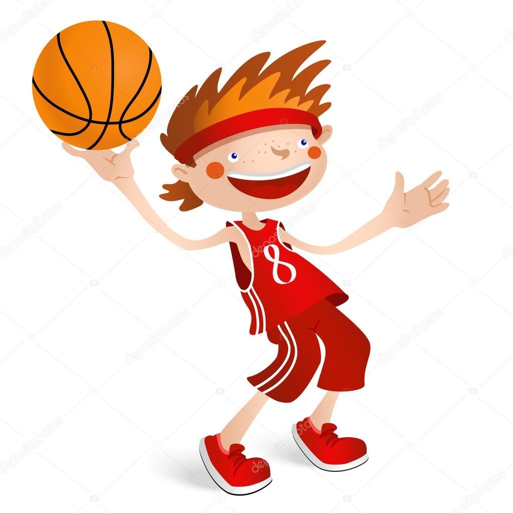 Smiling basketball player boy with a ball.