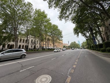 Tiflis, Gürcistan - 25 Nisan 2025: Tiflis 'te bu cadde güzel Gürcü mimarisi ve yol boyunca uzanan gür ağaçlar sakin bir atmosfer yaratıyor..