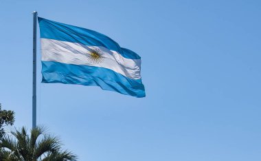 Arjantin 'in ulusal mavi beyaz bayrağı. Havada bir direkte sarı işaretler var.