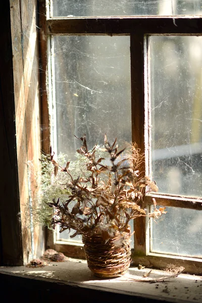 Cesta com flores secas. Buquê de flores secas na janela da casa velha . — Fotografia de Stock