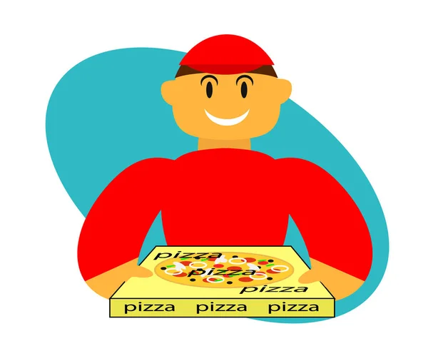 Een Koerier Bezorgt Pizza Bij Jou Thuis Een Tekenfilm Vectorillustratie — Stockvector