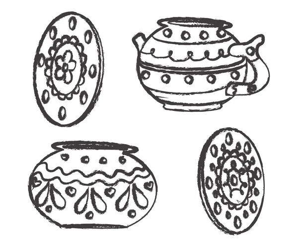 白い背景に陶器の食器 スケッチ ベクターイラスト — ストックベクタ