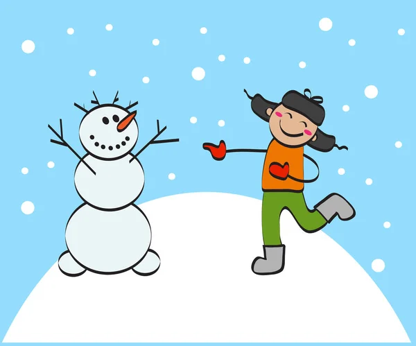 幸せな少年と雪だるま ベクターイラスト — ストックベクタ