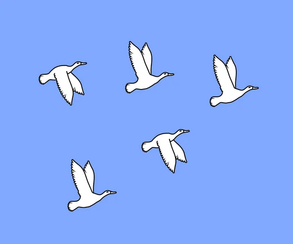 Uno Stormo Uccelli Bianchi Volanti Cartone Animato Illustrazione Vettoriale — Vettoriale Stock