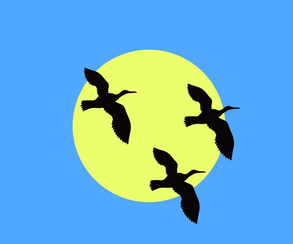 Een Kudde Vliegende Zwarte Vogels Zon Een Tekenfilm Vectorillustratie — Stockvector