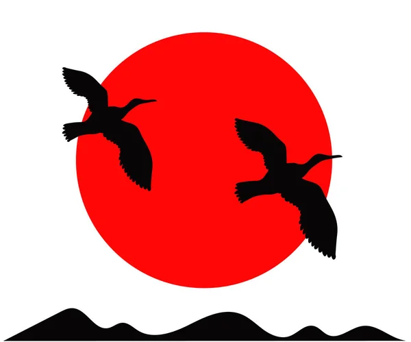Bando Pássaros Negros Voadores Sol Desenhos Animados Ilustração Vetorial — Vetor de Stock