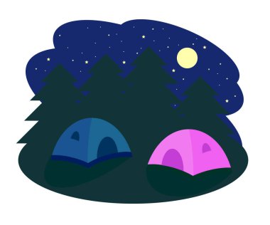 Gece gökyüzünün arka planında turist çadırları. Doğadaki hayat. Vektör illüstrasyonu.