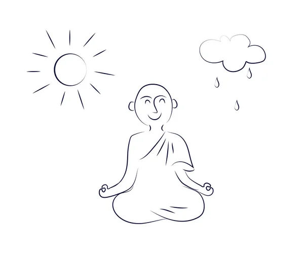 Buddyjski Mnich Siedzi Pozycji Lotosu Słońce Chmura Sylwetka Ilustracja Wektora — Wektor stockowy