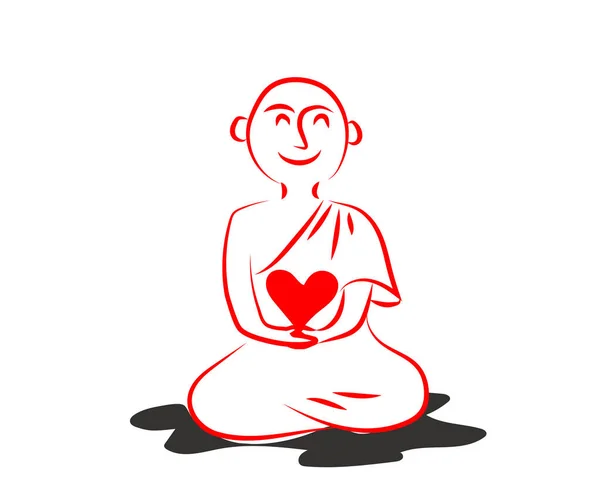 Buddhist Monk Sits Lotus Position Holds Heart Silhouette Vector Illustration — Stock Vector