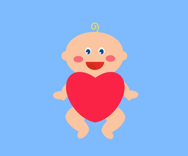 Newborn Baby Holding Red Heart Blue Background Cartoon Vector Illustration — Stock Vector