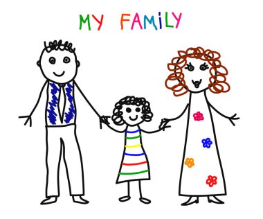 Beyaz arka planda mutlu bir aile. Çocuk çizimi. Görüntü.