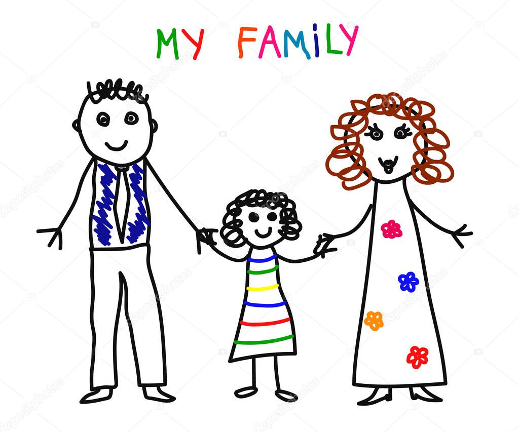 Happy family on a white background. Children's drawing. Illustration.