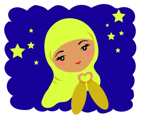 Muslim Gadis Dan Bintang Kartun Ilustrasi Vektor - Stok Vektor