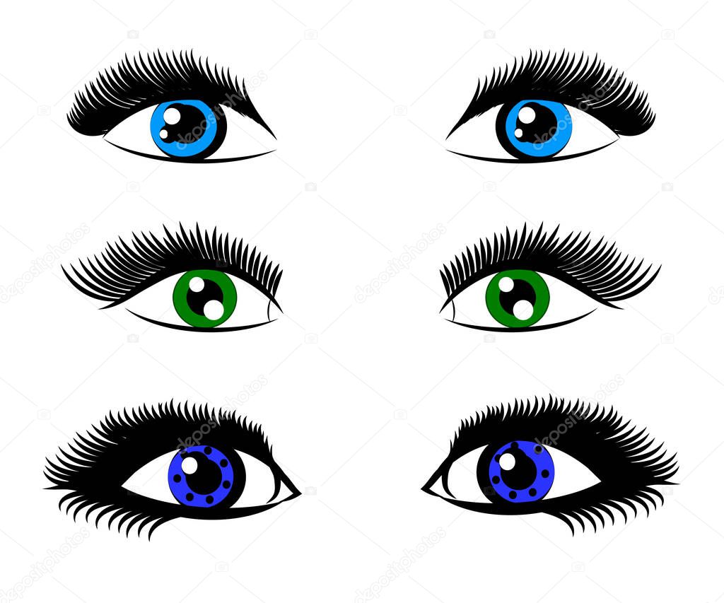 Beautiful eyes with long eyelashes on a white background. Vector illustration.