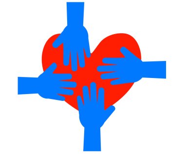 İnsanların elleri ve beyaz arka planda büyük kırmızı bir kalp. Sembol. Vektör illüstrasyonu.