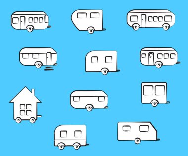 Mavi arka planda bir seyahat karavanı. Tahsilat. Vektör illüstrasyonu.