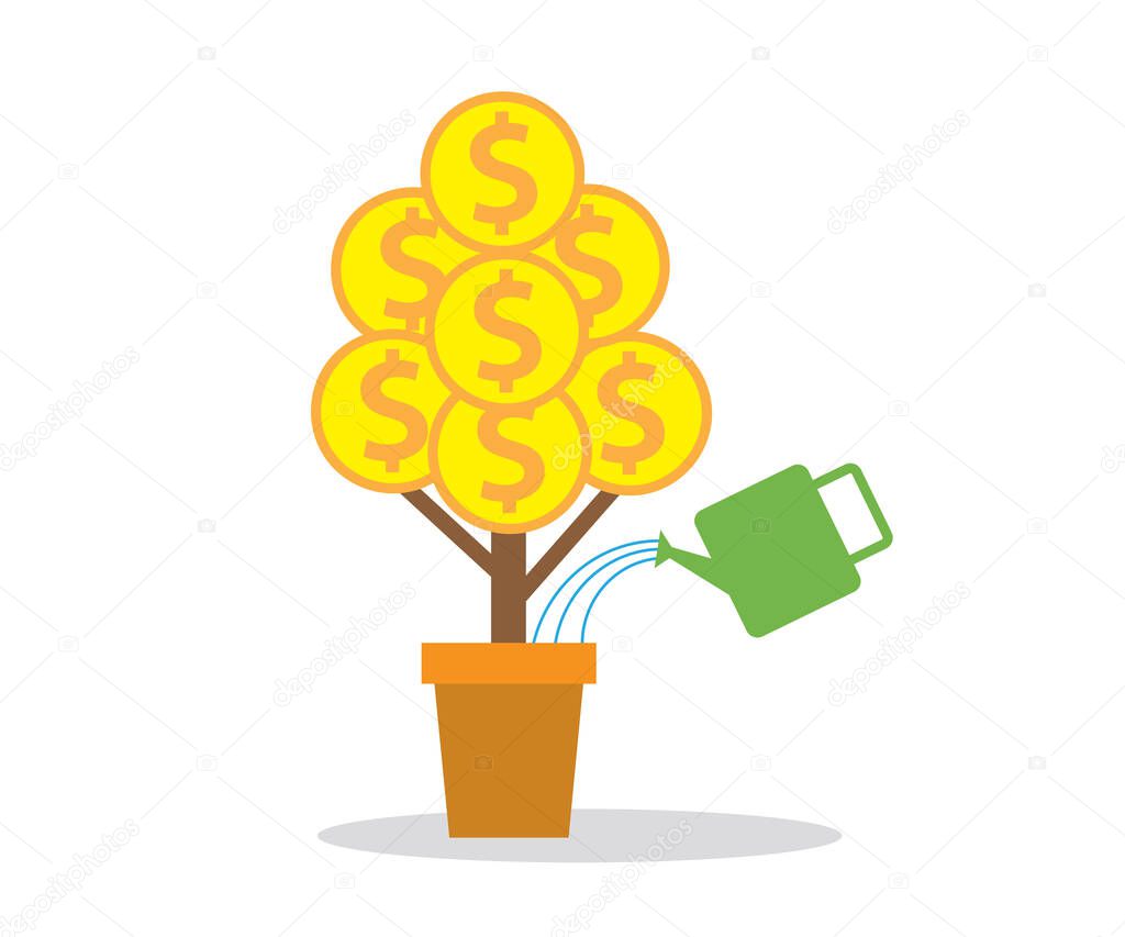 Money tree and watering can. Coins on a white background. Symbol. Vector illustration.