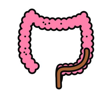 Beyaz arka planda kalın bağırsak ve bok. Çizgi film. Vektör illüstrasyonu.