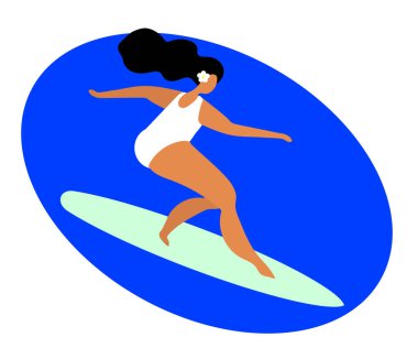 Kadın sörf yapıyor. Çizgi film. Vektör illüstrasyonu.