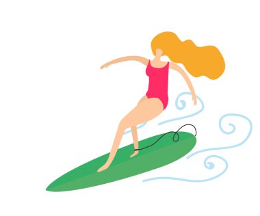 Kadın sörf yapıyor. Çizgi film. Vektör illüstrasyonu.