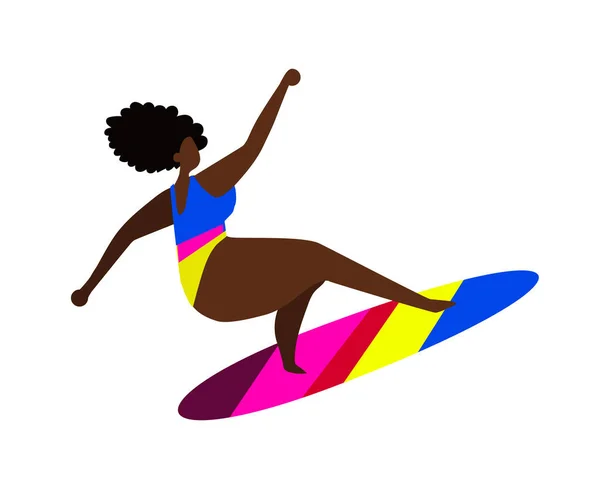 Une Femme Est Debout Sur Une Planche Surf Caricature Illustration — Image vectorielle