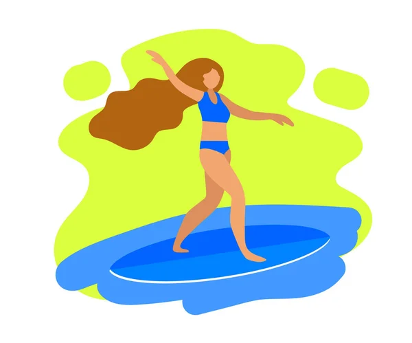 Une Femme Heureuse Tient Sur Une Planche Surf Caricature Illustration — Image vectorielle